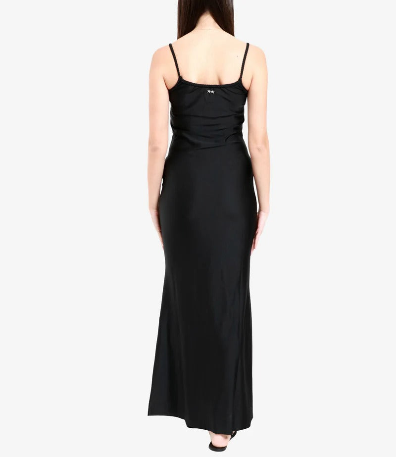 Vestito lungo in raso con treccine Nero