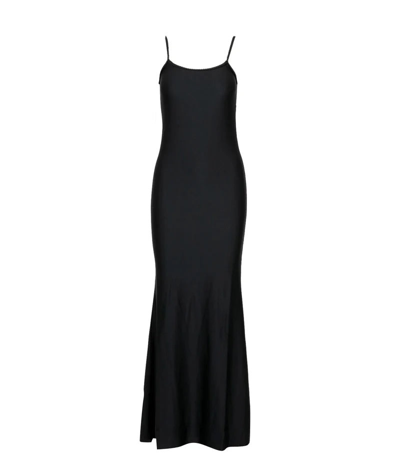 Vestito lungo in raso con treccine Nero