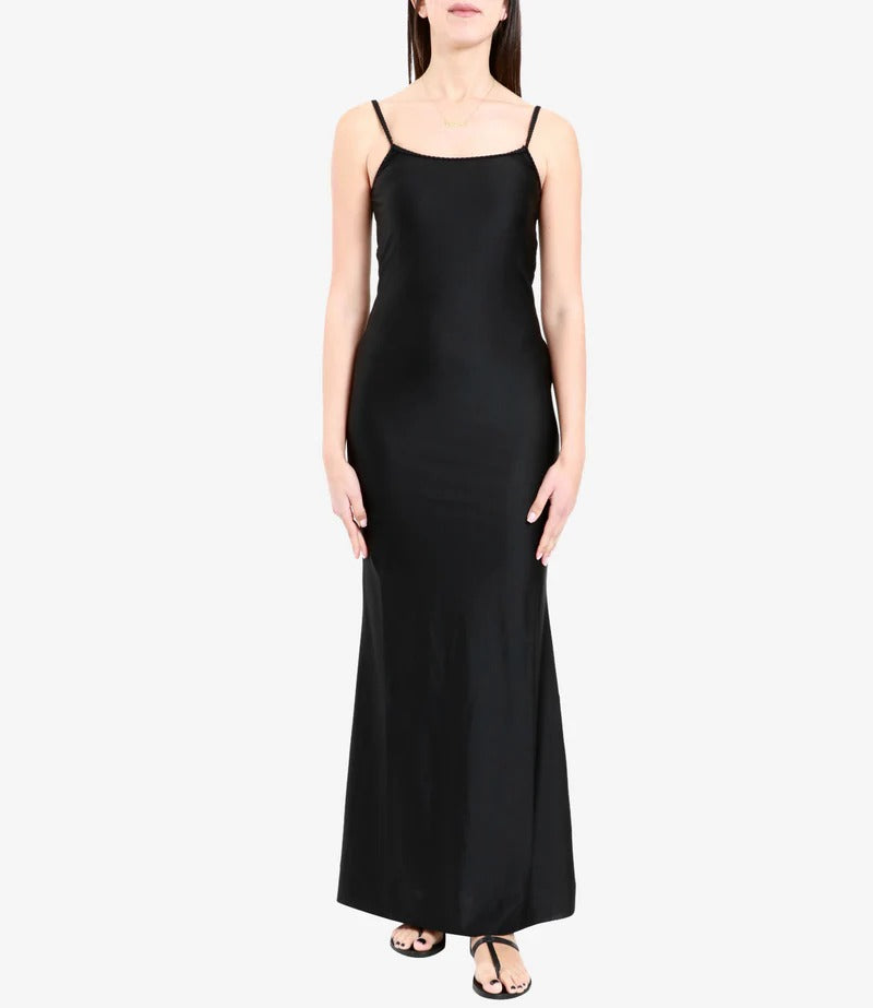 Vestito lungo in raso con treccine Nero